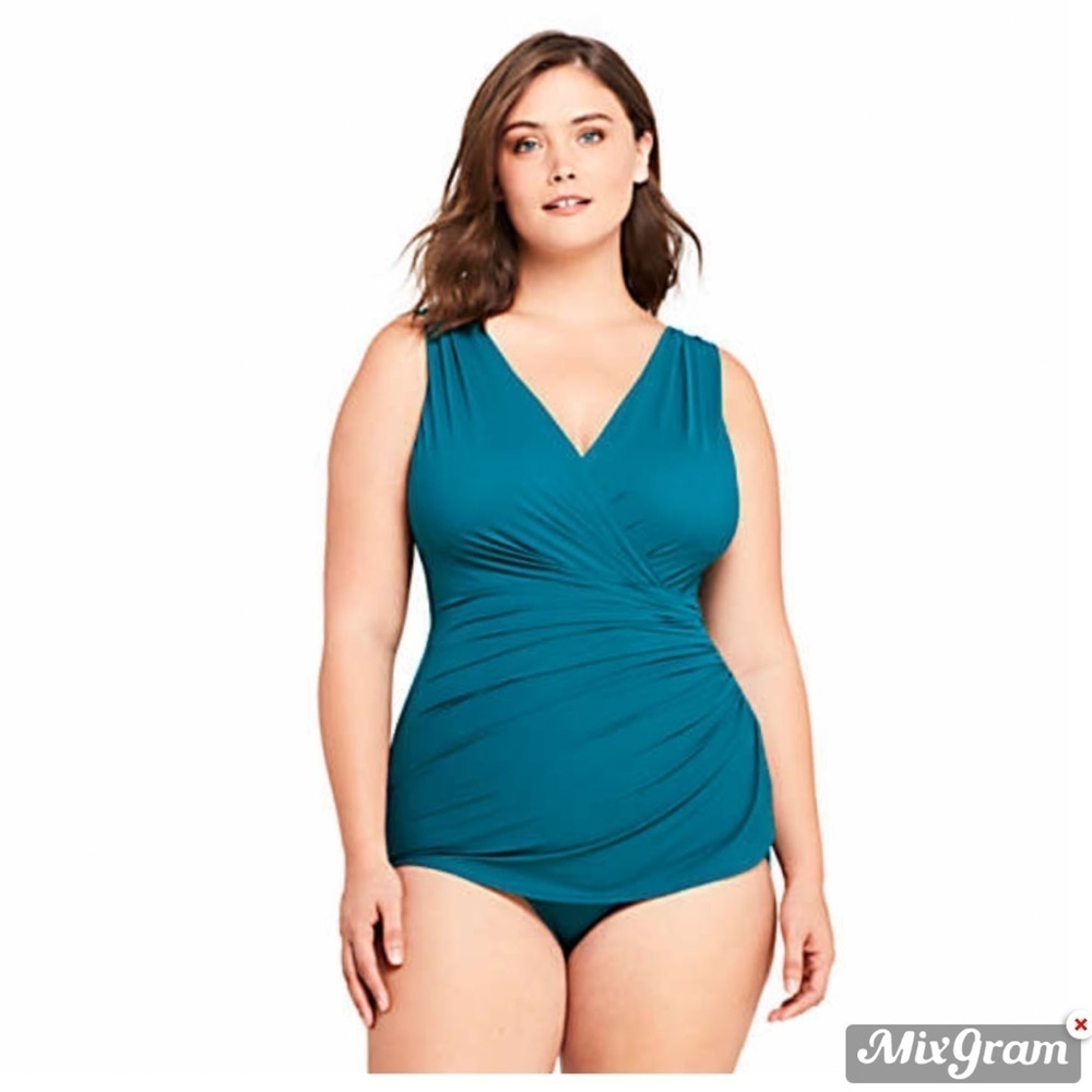 Lands End Teal Swimsuit coverup tummy control 14 DD NWOT